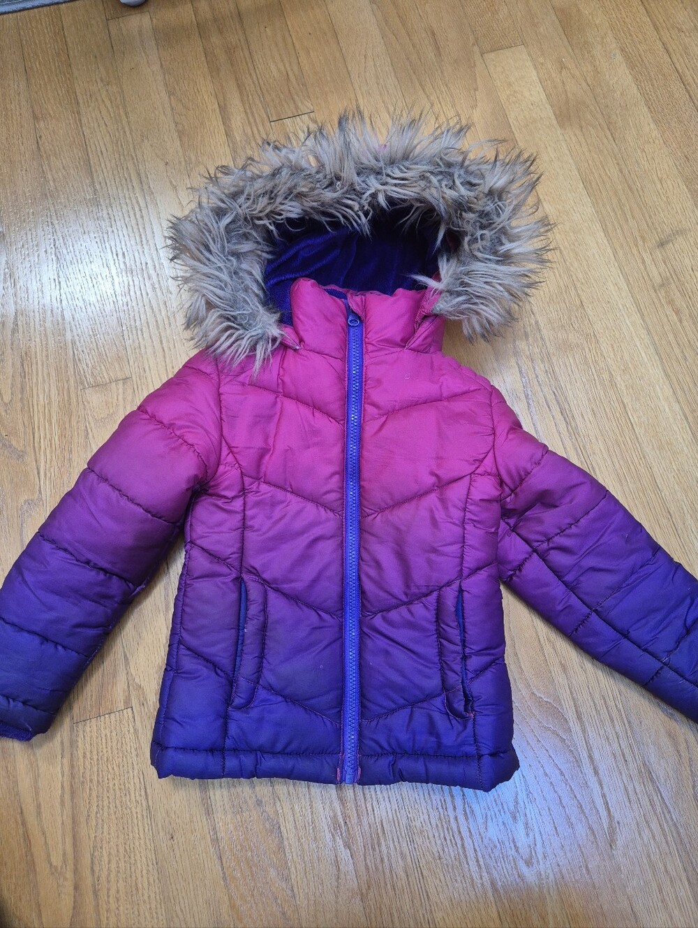 SO Girls Pink Purple Ombre Faux Fur Trim Hood Puffer Jacket Coat Size 4